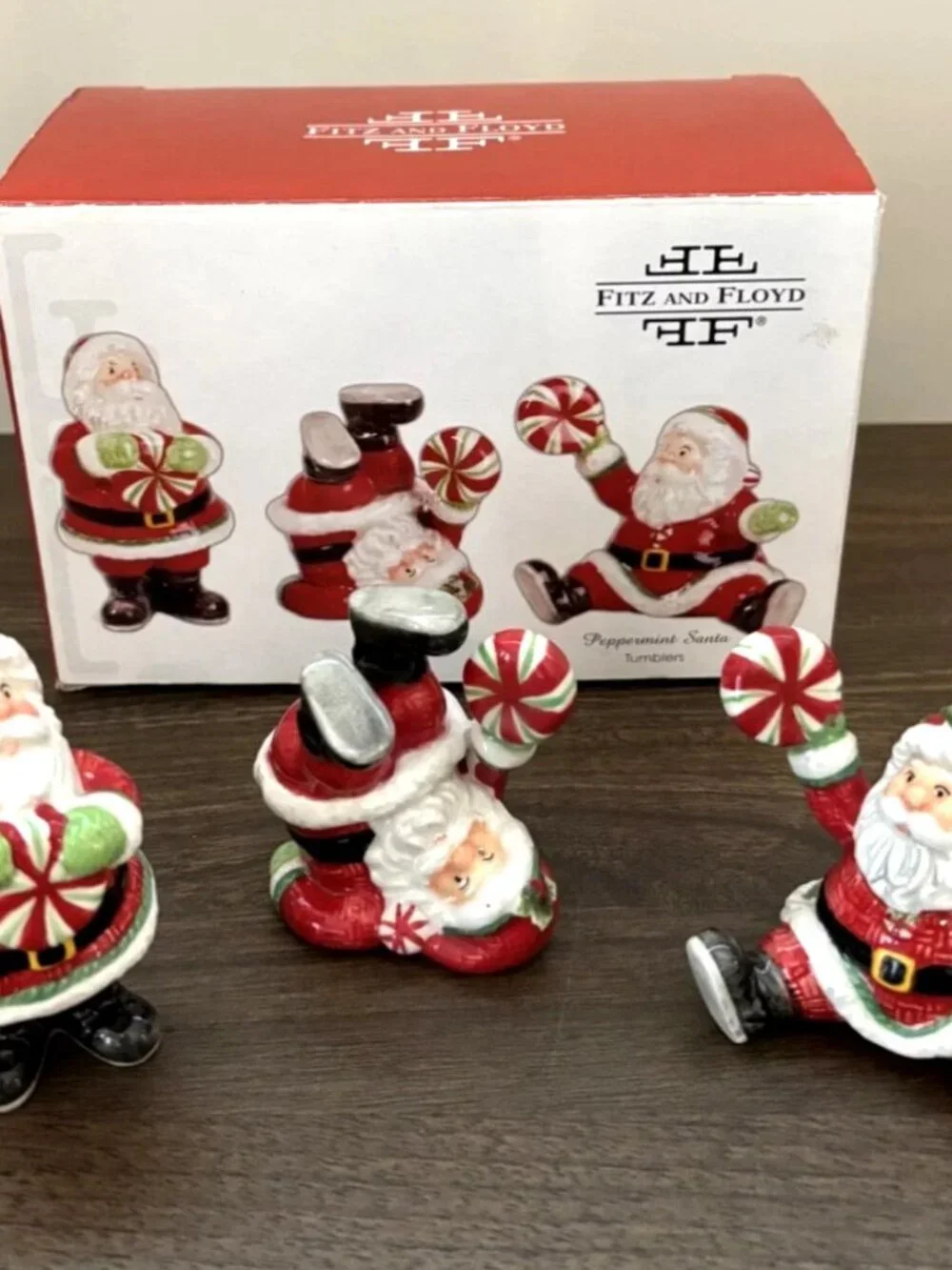 Vintage Fitz & Floyd Peppermint Santa Tumblers Miniature Ceramic Figures 2 inch